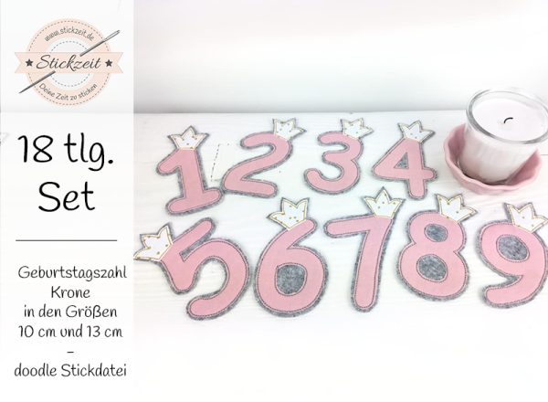 Geburtstagszahl Krone - doodle Stickdatei